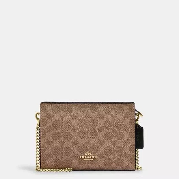 Borsa Coach Slim Croosbody nuova con etichetta in tela firmata marrone nero oro CW204