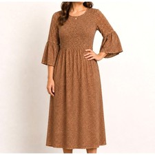 ASOS Smocked Midi Dress 10 Tan Black Speckled Boho Prairie Peasant Sleeve