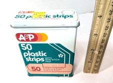 Vintage A&P Strip  BAND-AID Metal Hinged Tin Box  Plastic Strips USA 80s