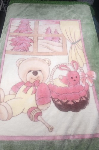 Popitex Bear Soft Plush Baby Blanket Green Pink 100x140cm Girls Polyester
