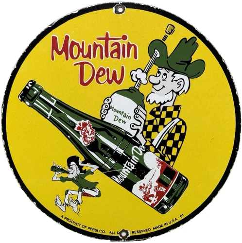 VINTAGE MOUNTAIN DEW PORCELAIN SIGN SODA POP BOTTLE CAN BAJA BLAST GAS STATION
