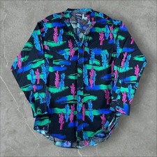 Vintage Wrangler Shirt Men 17.5-35 Black Western Cowboy Cactus AOP Button Up 90s