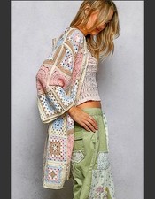 POL New Long Sleeve Granny Square Crochet Open Cardigan Pink One Size