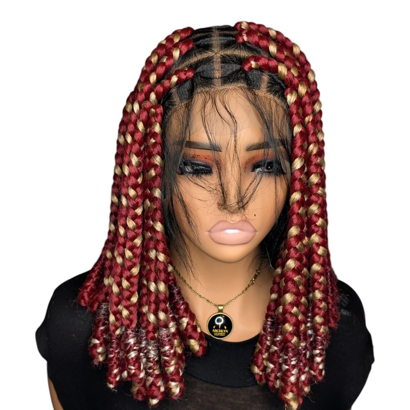 Handmade Full Lace 13x4 Box Braided Wig Burgundy Blonde Bob 