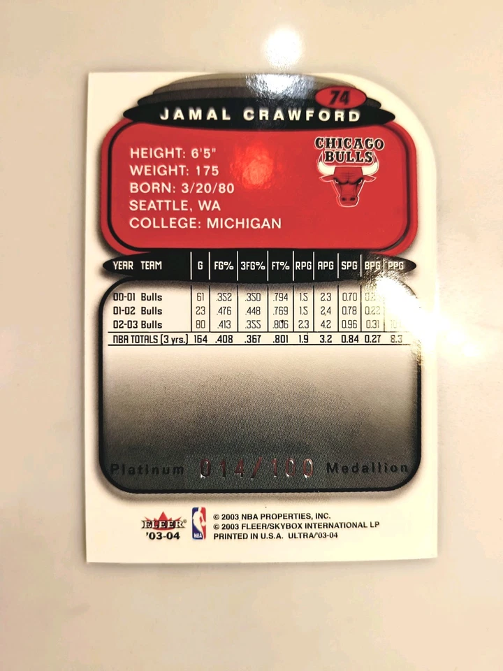 2003-04 Fleer Ultra Jamal Crawford #74 Platinum Medallion /100 Rare SP Bulls NBA - Image 2 of 2