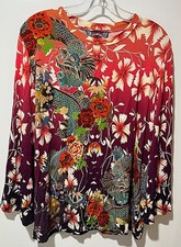 Johnny Was Los Angeles Red Floral L/S Janie Swing Tee Lg