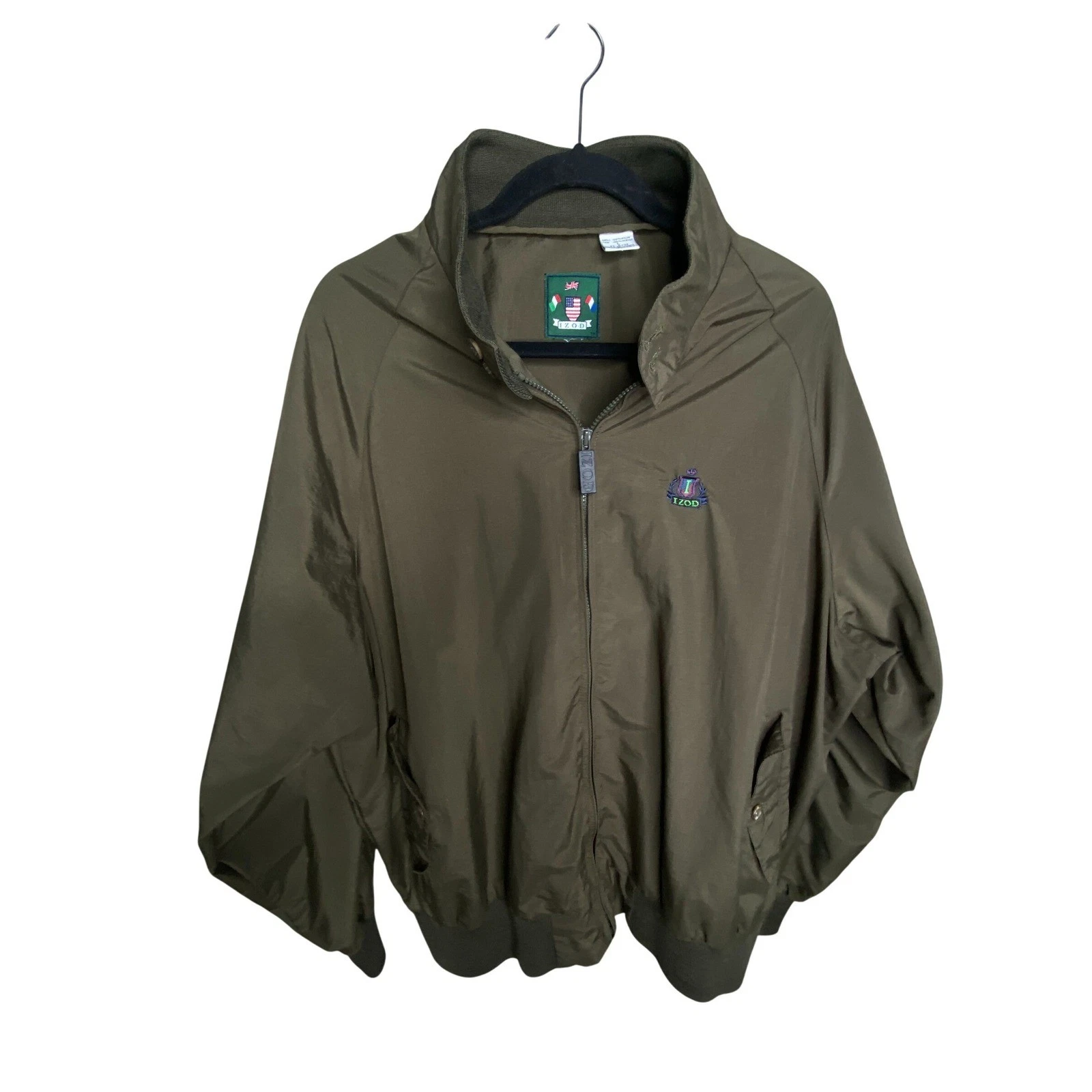 Izod Mens Harrington Jacket L Olive Green Vintage Style Bomber Windbreaker Golf