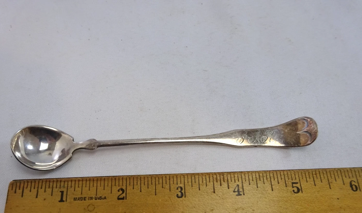 VINTAGE SILVER PLATED MUSTARD SPOON 5" LEGNTH OLD ENGLISH ROGERS MONOGRAMMED JAK