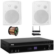 Pyle Karaoke Sound Receiver, 2x 6.5" 500W Indoor/Outdoor White Speakers W/ Mic