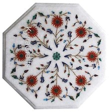 Tavolino da Caffè con Intarsio Arte Ottagonale Marmo Bianco Tavolino Laterale per Ufficio