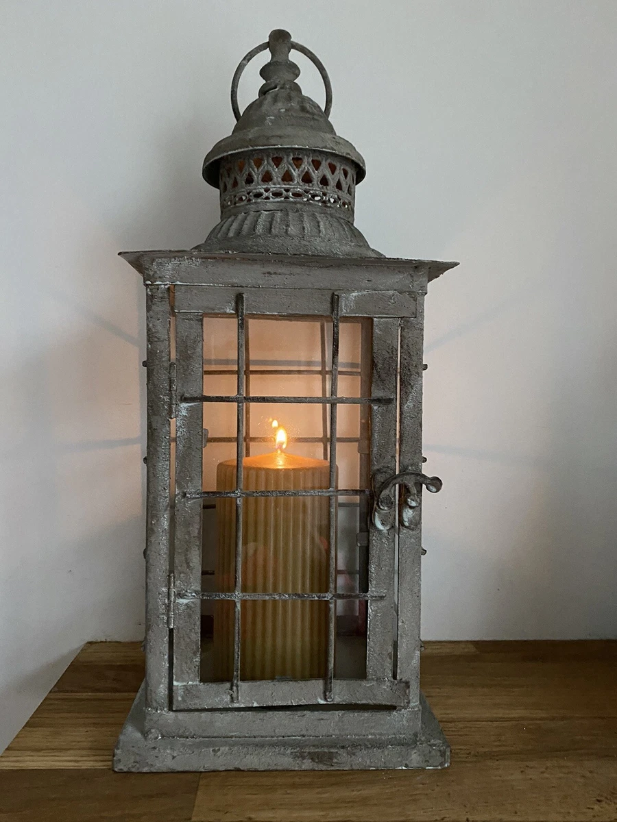 Grey Industrial Antique Metal Lantern Pillar Candle Holder Garden