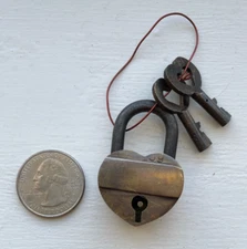 Small Padlock Heart Shaped Brass Lock, Antique Finish with 2 Keys New