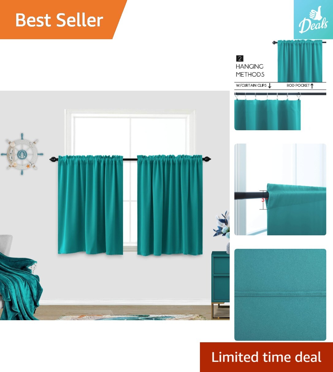 Teal thermal insulated blackout cafe curtains with rod pocket for windows-image