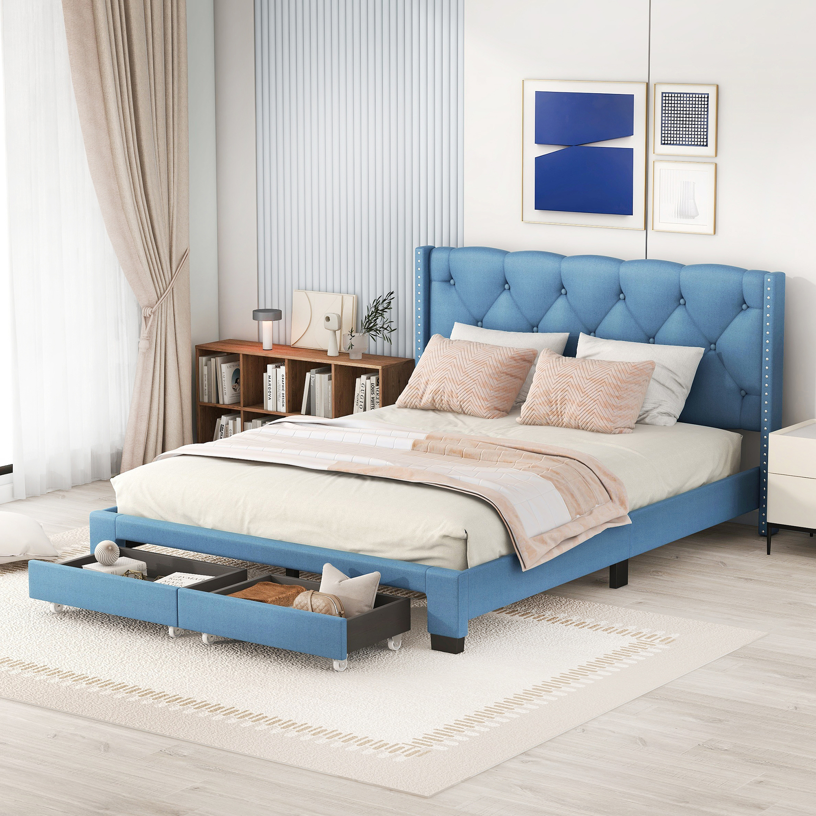 Queen Size Upholstered Platform Bed w/ 2 Drawer & Headboard Wooden Bed Frame