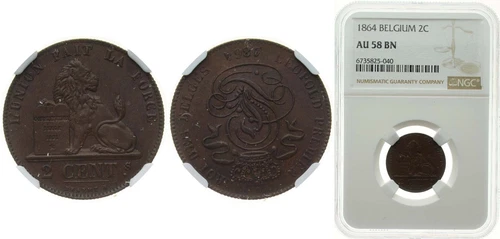 Belgium 1864 2 Centimes Copper NGC AU 58 BN