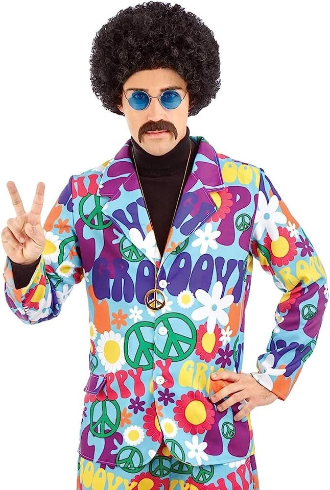 Mens 70s Hippie Peace Suit Costume Necklace M L XL Adult Groovy Man Halloween - Image 2 of 4