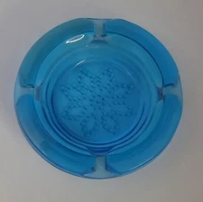 Vintage Blue Glass Ashtray Foral Detail