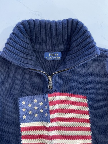 Polo Ralph Lauren Navy Flag Sweater Boys Unisex 1/4 Zip Medium 10-12 - Picture 2 of 2