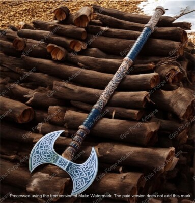 Handmade Viking Double Headed Axe   Engraved Steel Blade, Wood Handle, Gift