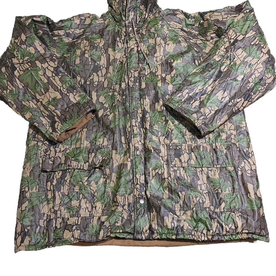 Trebark Camo PVC Jacket L Outdoor Hunting USA Hooded Button Quilt Lined - Image 2 of 4