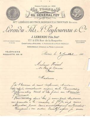 Rechnung. AM19727.Paris.ca.1920.Lerendu Fils.Peytoureau & Cie.Au tombeau du
