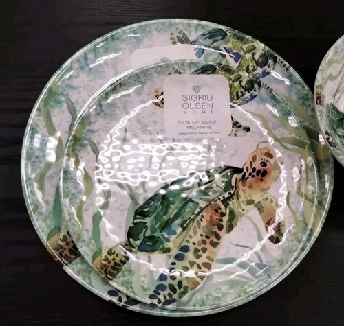 Sigrid Olsen 2 pc SEA TURTLE GRASS DINNER SALAD PLATES Nautical Coastal Melamine - 第 1/21 張圖片