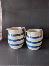 VINTAGE STAFFORDSHIRE CHEF WARE BLUE & WHITE STRIPE POTTERY GLAZED JUGS  #