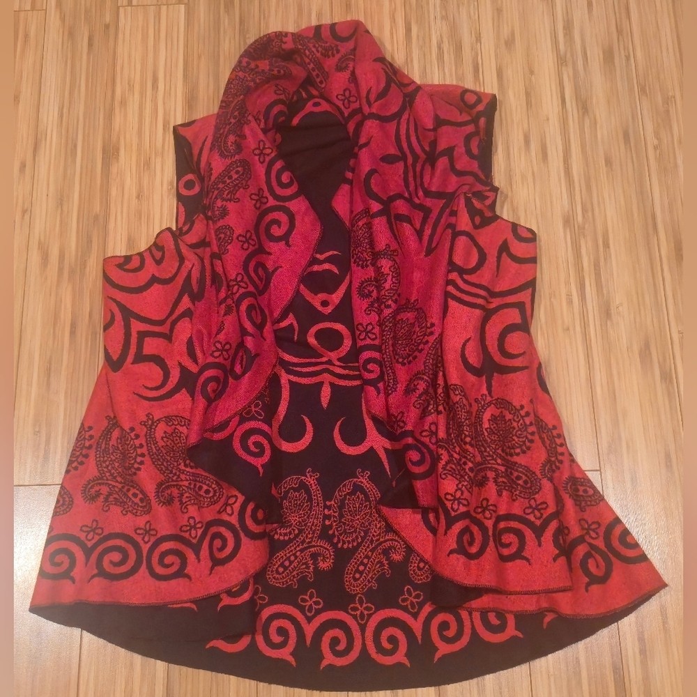Red and Black Patterned Sweater Jacket / Shawl - image 1