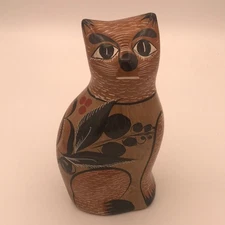 VTG Mexican Pottery Tonala Folk Art Hand Painted Cat Statue