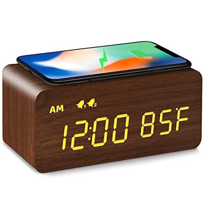  Digital Wooden Alarm Clock with Wireless Charging, 0-100% Dimmer, Dual Brown