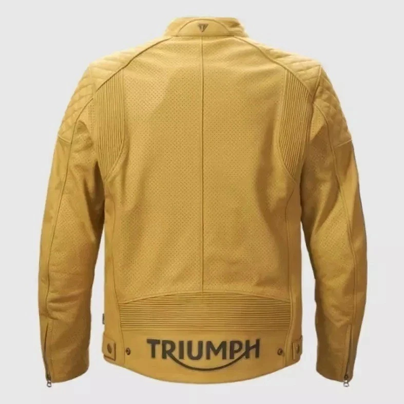 Chaqueta de cuero de vaca Triumph amarilla de carreras para motociclista Foto 2 de 4