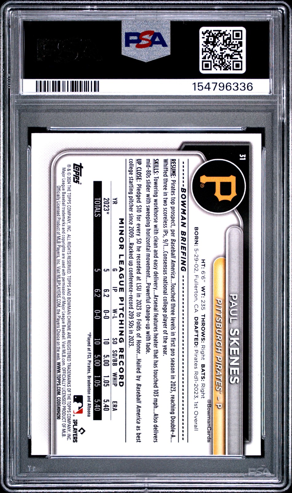 2024 BOWMAN CHROME MEGA BOX #31 PAUL SKENES ROOKIE RC PSA 9 view 2