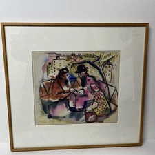 Original Helen Malta Watercolor Abstract Figures Framed 10.5 x9” 