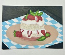 ACEO, Original Art Card, Acrylic Paint, Hand Painted, Strawberry Cake 2.5x3.5in