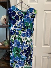 Lauren Ralph Lauren Sleeveless Blue  Green Black White Floral Shift Dress Sz 16