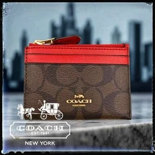 NEW Coach Mini Skinny ID Case In Signature Canvas Gold Brown Red