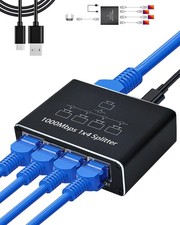 Ethernet Splitter 1 to 4 - Network Splitter with USB Power Cable, RJ45 Intern...