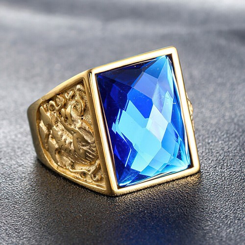 Men Women Gold Stainless Steel Blue Stone Ring Band Wedding Gift Size 8-12 - Picture 17 of 22
