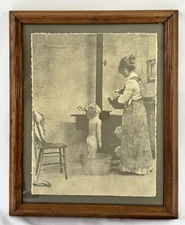 Vintage R. Hendrickson "Mother Bathing Child" 11"x14" Sepia Art Print Wood Frame