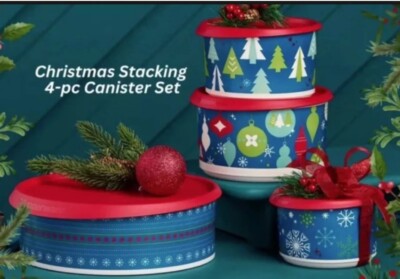 Tupperware CHRISTMAS HOLIDAY STACKING CANISTERS + COOKIE CANISTER SET of 4 ~ NEW
