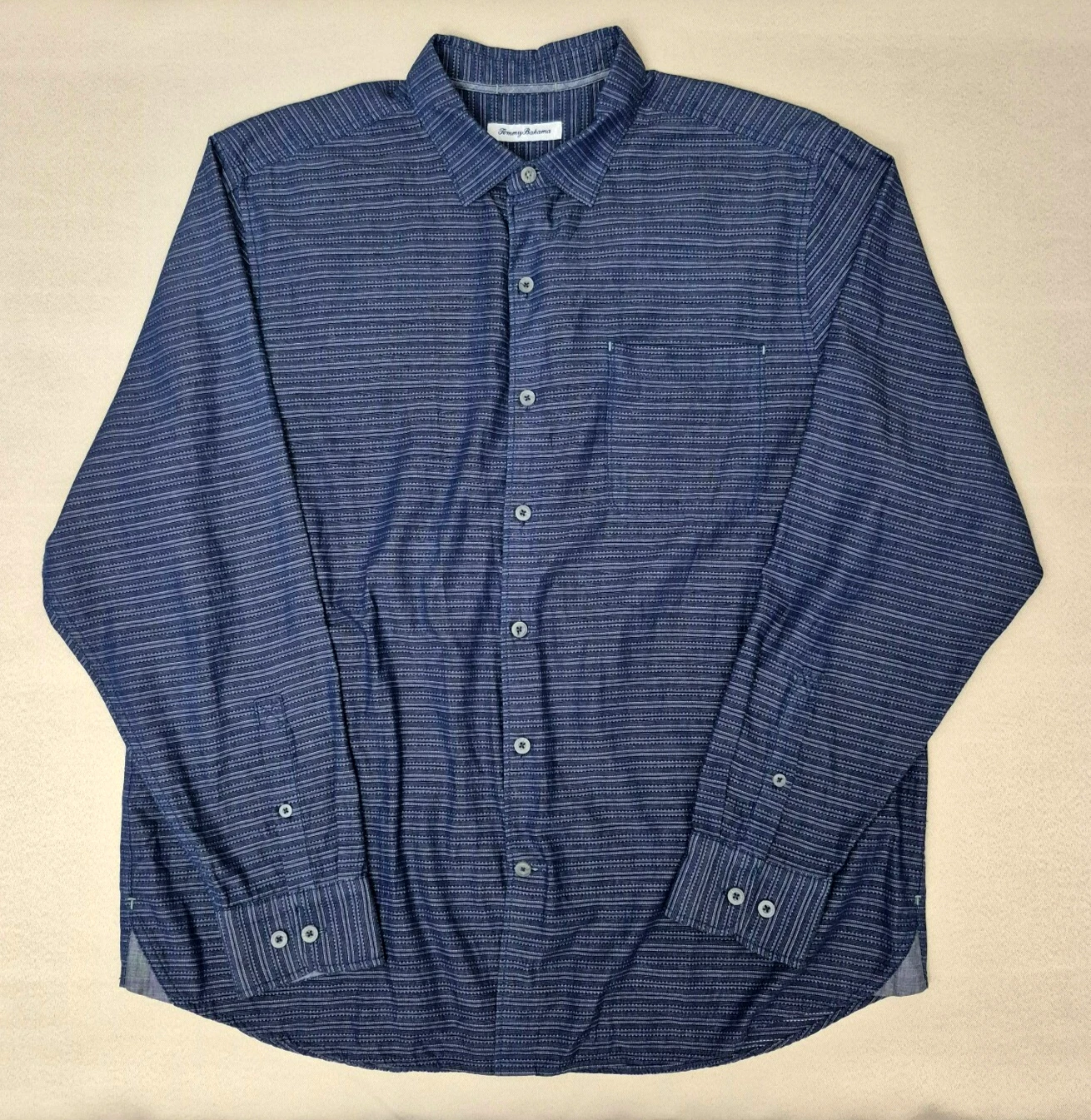 Tommy Bahama Shirt Men's XL Long Sleeve Striped Button Up Flip Cuffs Blue