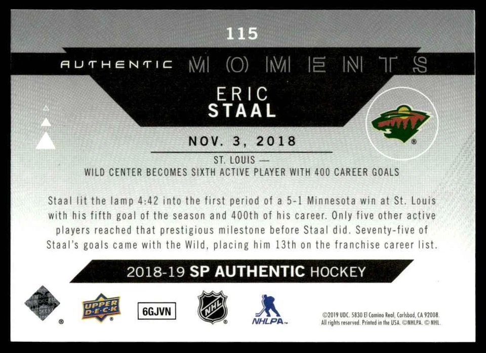 2018-19 SP Authentic AUTHENTIC MOMENTS Eric Staal Minnesota Wild #115 . - Image 2 of 2