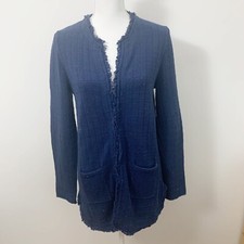 Cabi Women's Cardigan Sweater 181 Medium Blue Fringe Multi-color specks