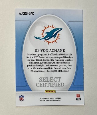 2023 Panini Select De'Von Achane Select Certified RC #CRO-DAC