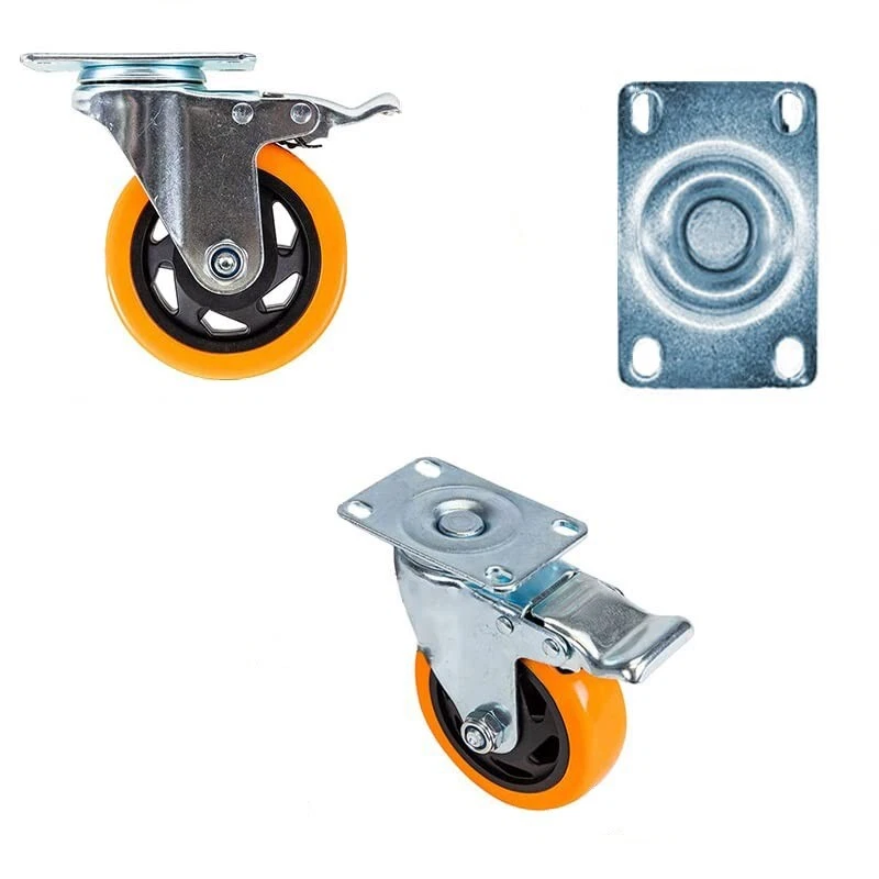 4 RUOTE PER CARRELLI 2 CON FRENO e 2 SENZA 76 mm Portata 400 KG ARANCIO 432-438 - Immagine 3 di 4