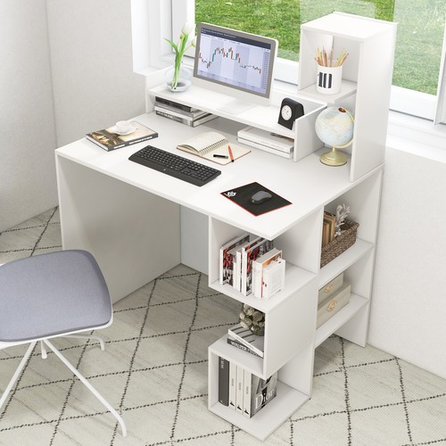 48" Modern Computer Desk Home Office Workstation w/Hutch & Storage Shelves White - Picture 4 of 10