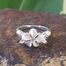 Hawaiian Silver Gold Leaves Flower Plumeria CZ Wedding Ring Band 10mm SR2055