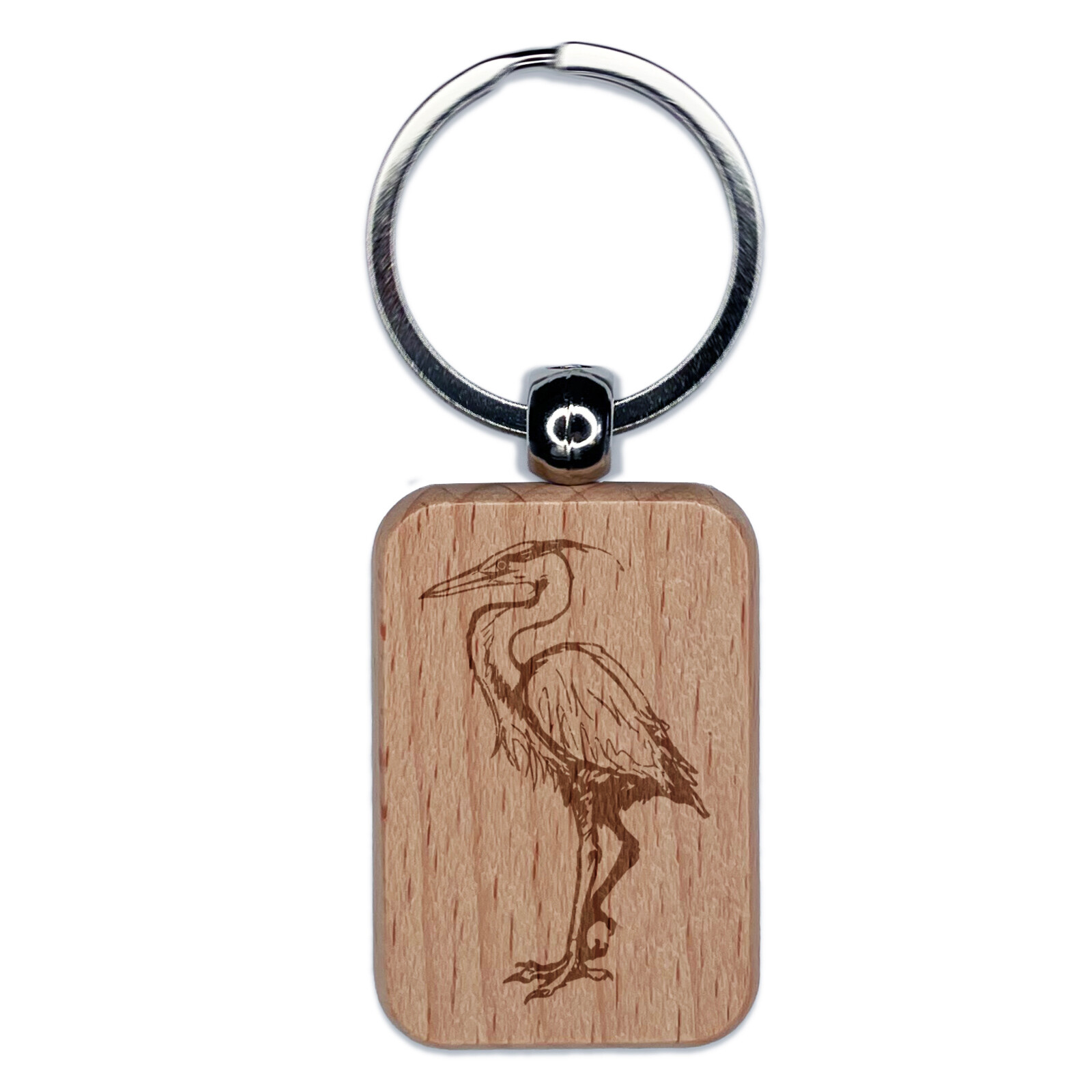 Great Blue Heron Engraved Wooden Keychain with Rectangle Charm