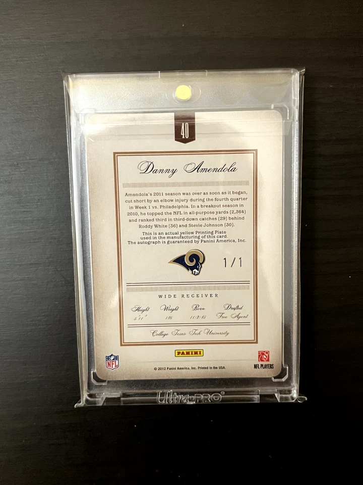 Danny Amendola 2012 Panini Prime Signatures Yellow Printing Plate 1/1 Auto #40 - Image 2 of 2