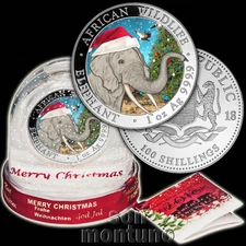 CHRISTMAS ELEPHANT IN SNOW GLOBE - 1oz African Wildlife Silver Coin 2018 Somalia